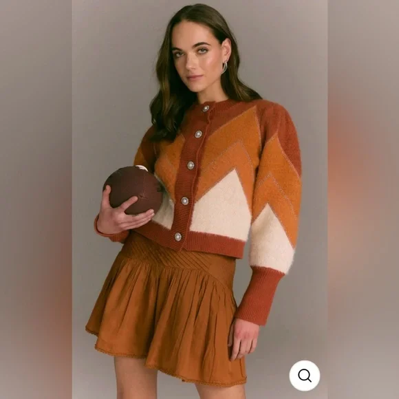 Allison New York Chevron Colorblock Button-Front Cardigan in Rust & Cream - Picture 1 of 8